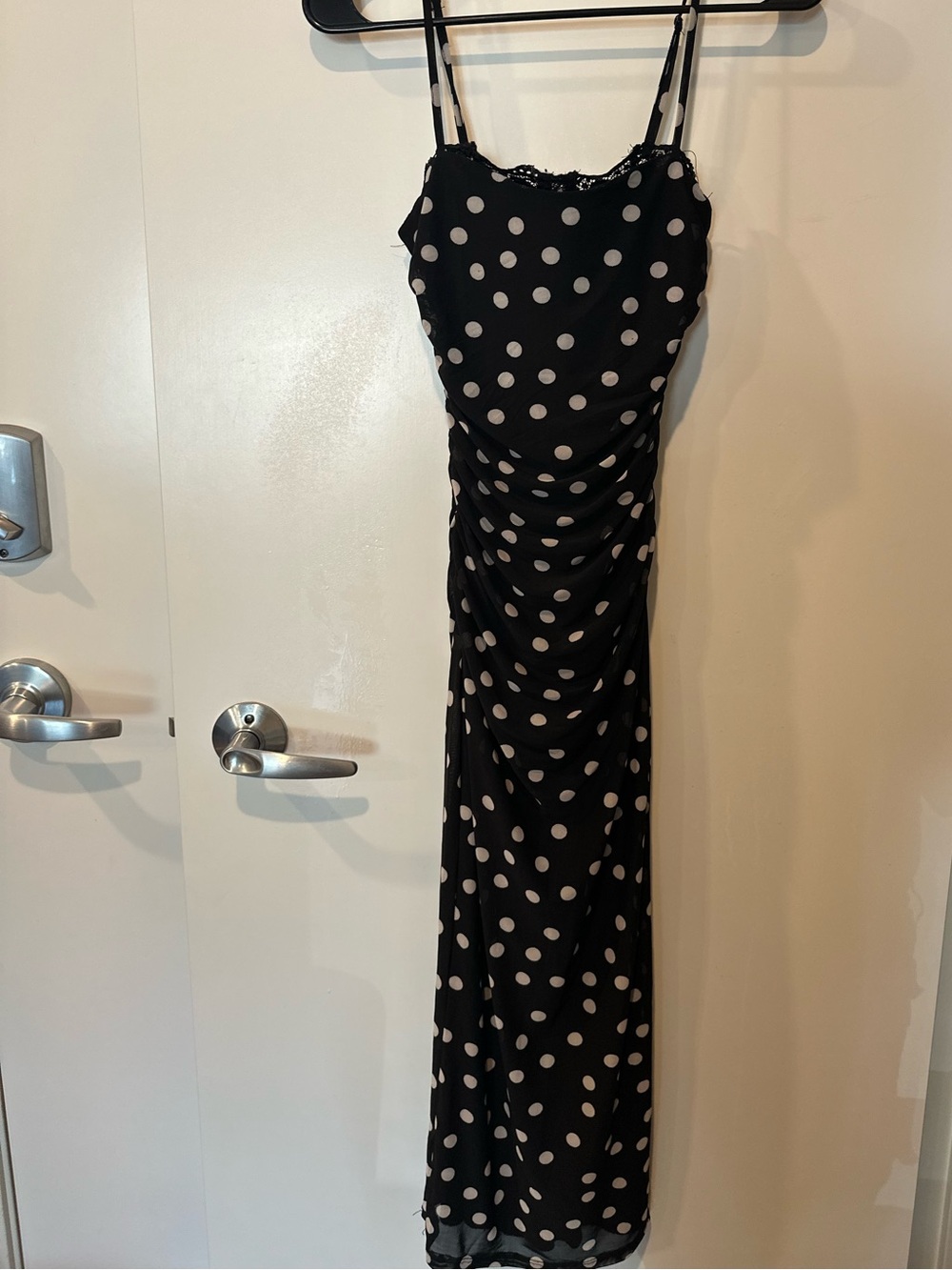 Black Polka Dot Midi Slip Dress with Lace Trim